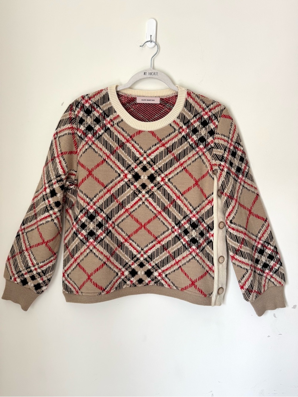 Aldomartins tan and red plaid merino wool blend sweater Sz Medium